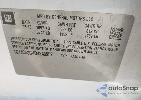 2013 Chevrolet Sonic Lt Auto from USA, damaged, VIN 1G1JC5SG4D4243952